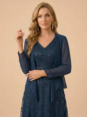 A-Line Sequin Embroidered V-Neck Mother of the Bride Gown with Matching Jacket
