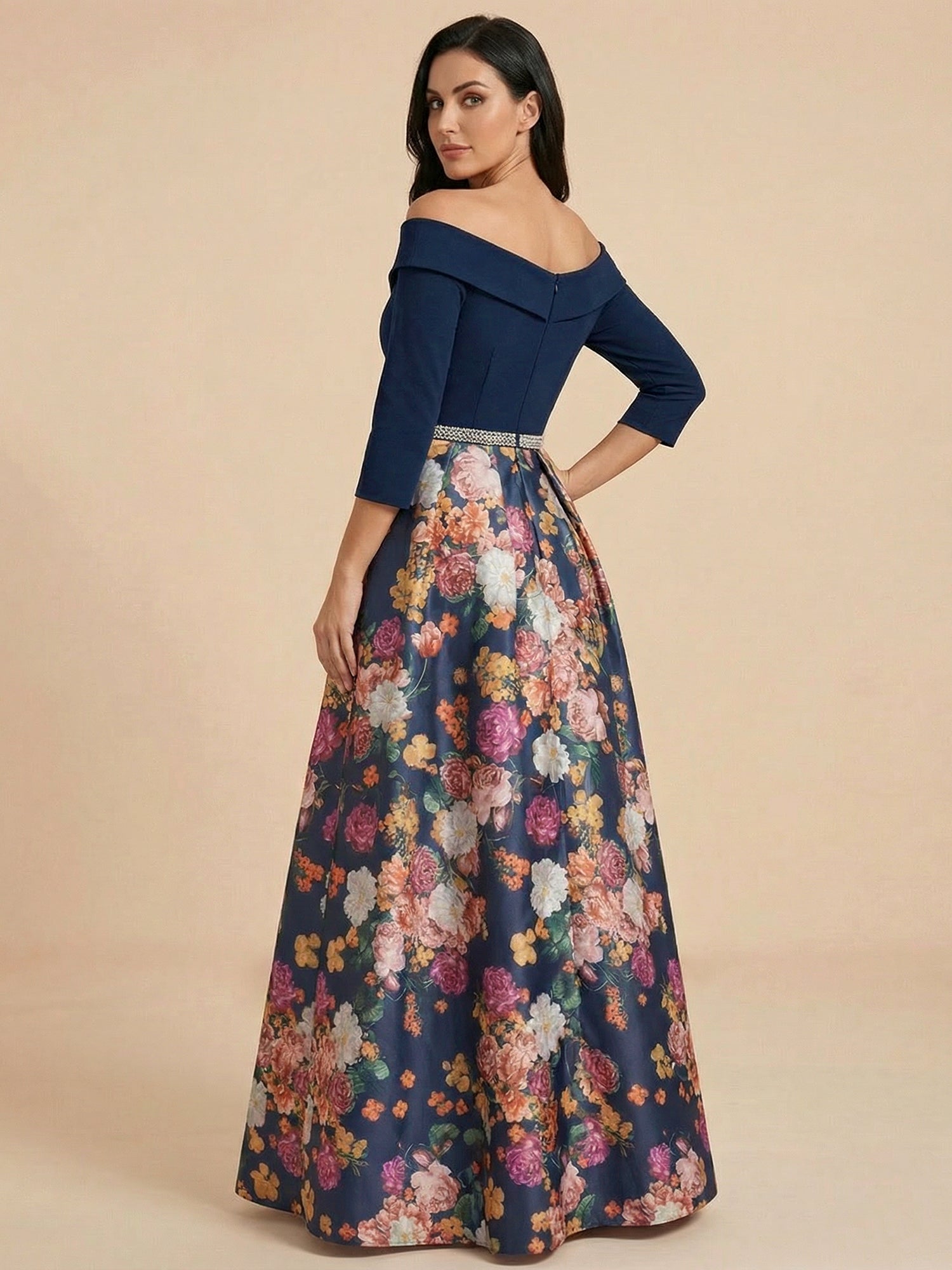 Navy Blue Off the Shoulder 3/4 Sleeves Satin Two-piece Print Floral Mother of the Brides dress