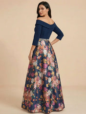 Navy Blue Off the Shoulder 3/4 Sleeves Satin Two-piece Print Floral Mother of the Brides dress