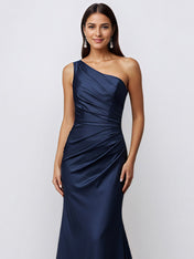 Navy Mermaid One Shoulder Satin Long Formal Eveing Dress