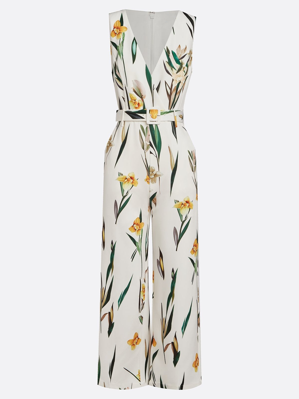 Women White Printing Deep V Neck Sleeveless Vacation Jumpsuit