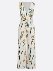 Women White Printing Deep V Neck Sleeveless Vacation Jumpsuit