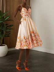 Beige Floral Satin Spaghetti Sleeveless A-Line Midi Dress