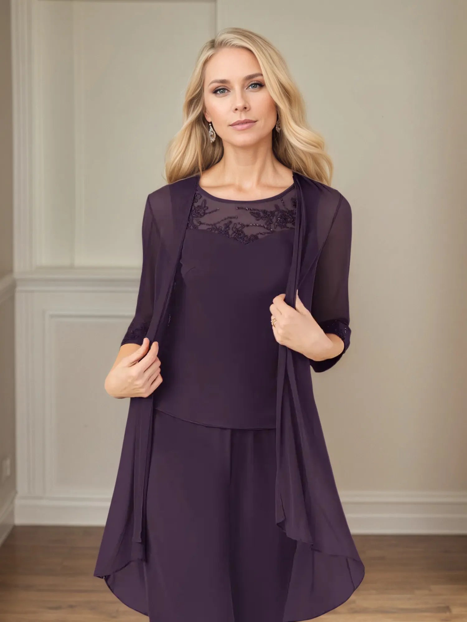 Jumpsuit/Pantsuit Scoop Neck 3/4 Sleeves Chiffon Mother of the Bride Dress