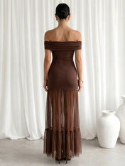 Brown Off the Shoulder Mermaid Maxi Dress with Ruffle