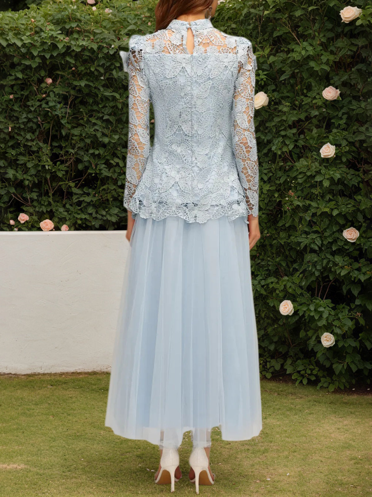 Blue Long Sleeve Folds Lace Butterfly Top And Skirt Two-Piece Set