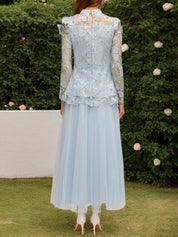 Blue Long Sleeve Folds Lace Butterfly Top And Skirt Two-Piece Set