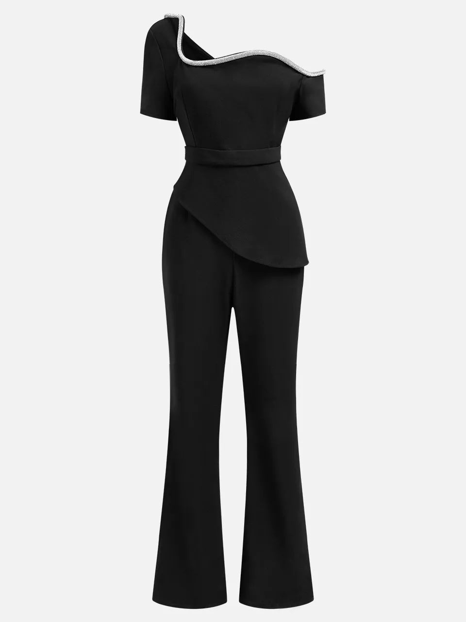 Women Black Asymmetrical Rhinestones Wide-Leg Jumpsuit
