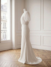 High Neck Sheer Puff Sleeve Satin Mermaid Evening Gown with Ruched Bodice