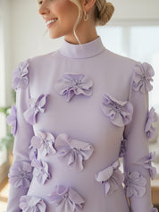 A Line High Neck Long Sleeves Floor Length Stretch Crepe Dress With 3D Flowers