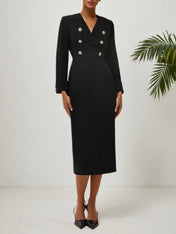 Black Buckle V Neck Long Sleeve Sheath Midi Blazer Dress