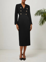 Black Buckle V Neck Long Sleeve Sheath Midi Blazer Dress