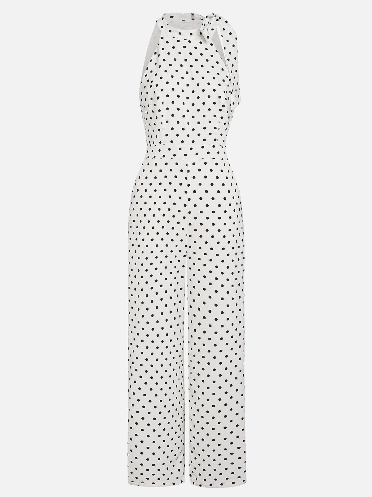 Women White Polka Dots Bow Halter Sleeveless Dressy Jumpsuit