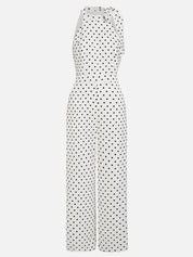 Women White Polka Dots Bow Halter Sleeveless Dressy Jumpsuit
