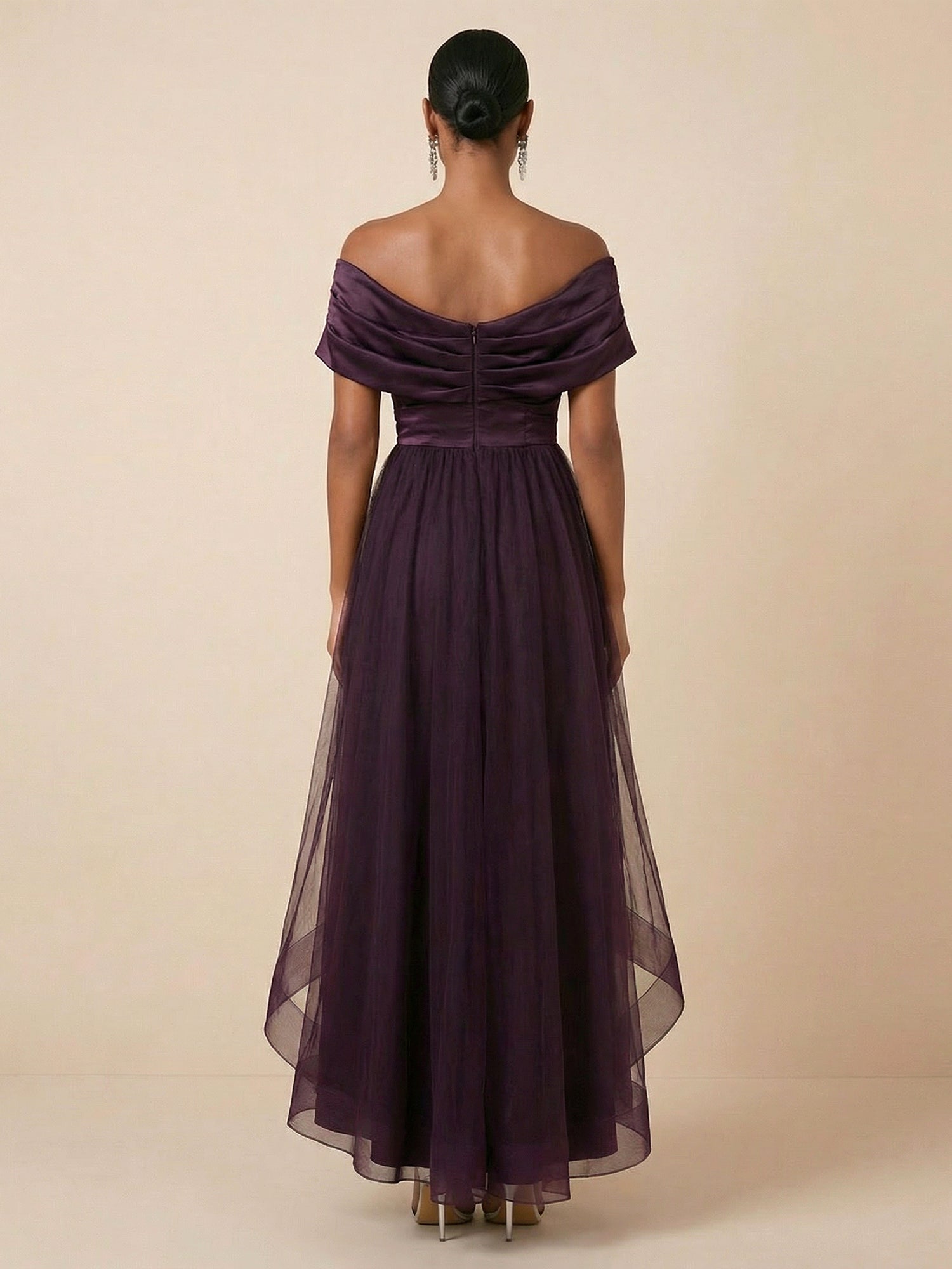 Plum Tulle Off-Shoulder Evening Dress with High-Low Hemline