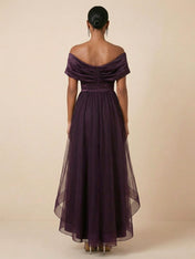 Plum Tulle Off-Shoulder Evening Dress with High-Low Hemline