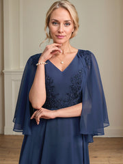 A-line V-Neck Tea-Length Chiffon Lace Mother of the Bride Dress With Beading Sequins