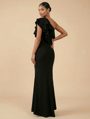 Elegant One-Shoulder Ruffle Mermaid Maxi Dress in Black
