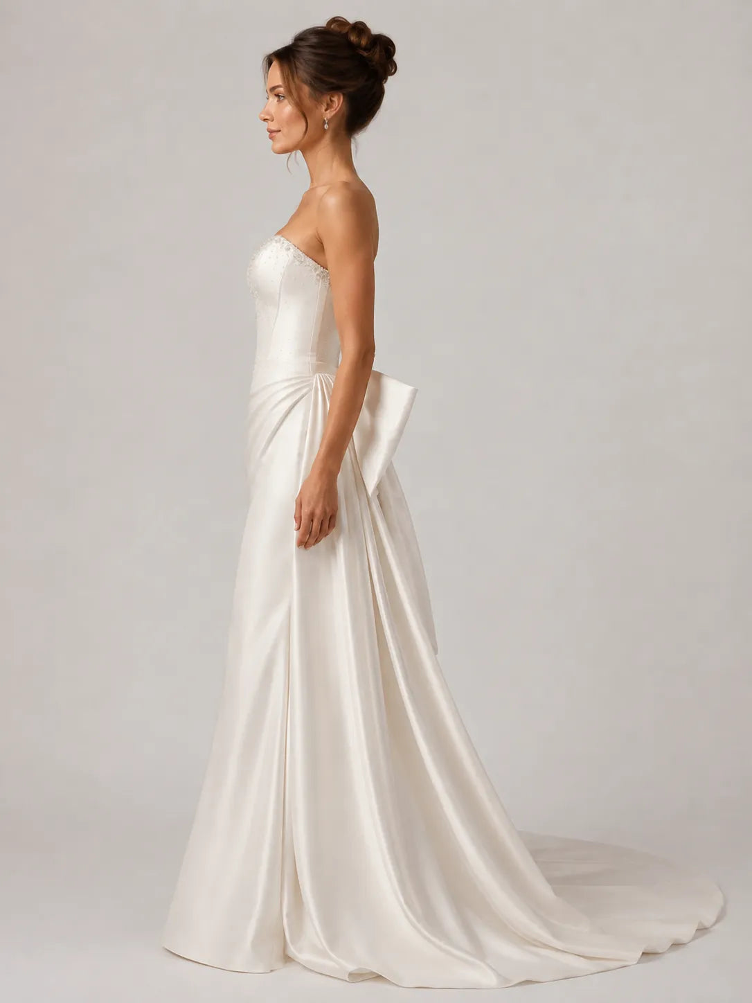 Elegant Strapless Satin Mermaid Wedding Dress with Beaded Neckline and Back Bow