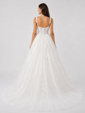 Romantic Square Neck Lace Corset Ball Gown Wedding Dress with Floral Appliqué Tulle Skirt