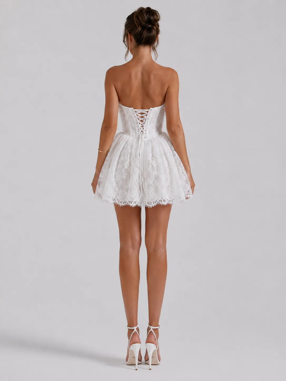 Elegant Strapless Lace Mini Wedding Dress with Sweetheart Neckline, Sheer Corset Waist and Lace-Up Back