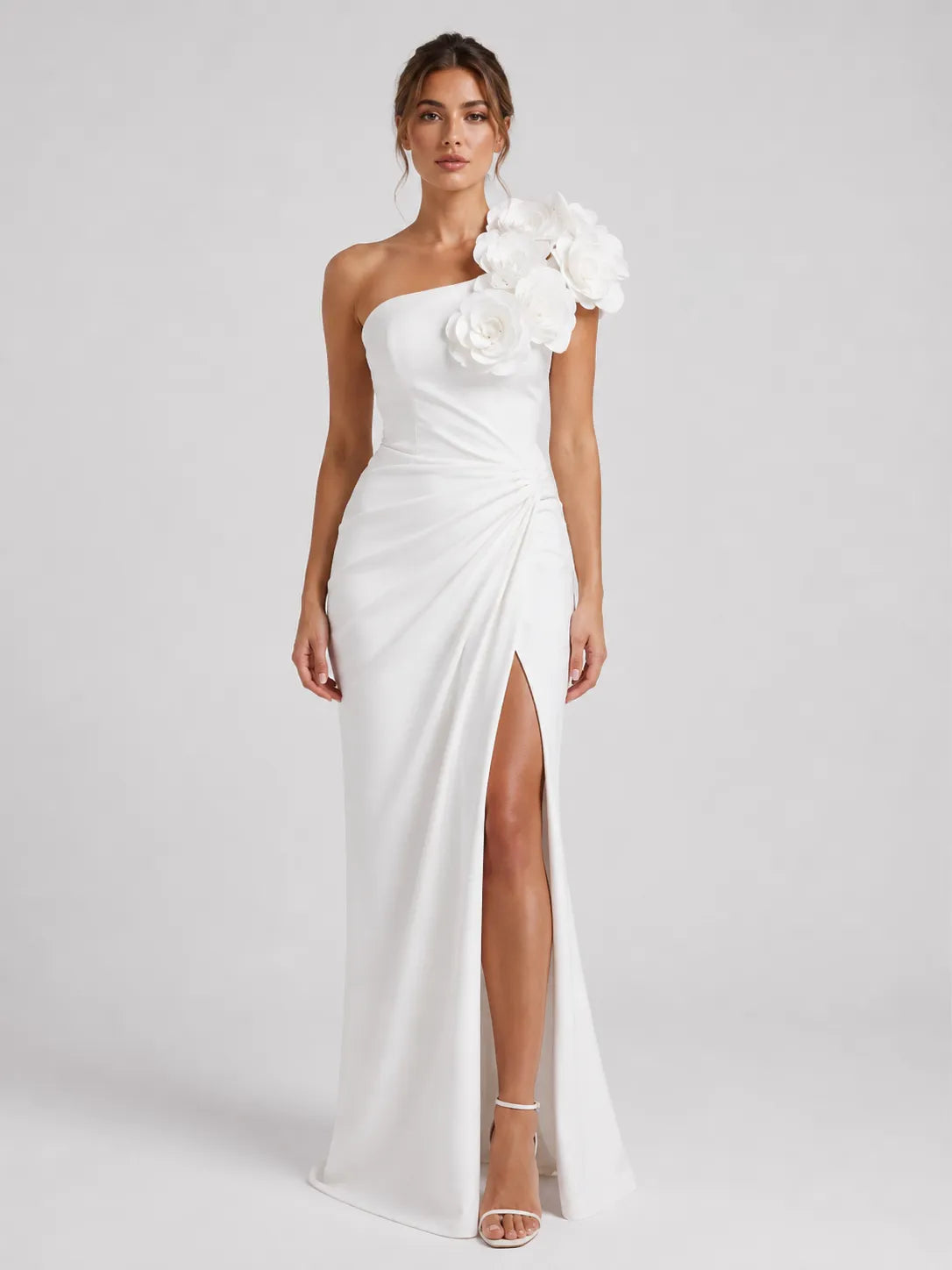 Elegant One-Shoulder Sheath Wedding Dress with 3D Floral Appliqués and High Slit