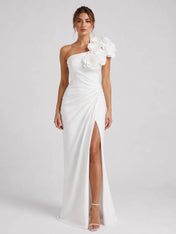 Elegant One-Shoulder Sheath Wedding Dress with 3D Floral Appliqués and High Slit