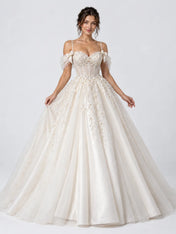 Pearl Beaded Spaghetti Strap Sweetheart Beaded Floral Ball Gown Wedding Dress