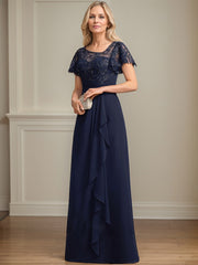 A-line Asymmetrical Illusion Floor-Length Lace Chiffon Mother of the Bride Dress With Cascading Ruffles Sequins