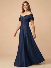 Off the Shoulder V Neck Satin Mother of the Bride Dress with Pleat