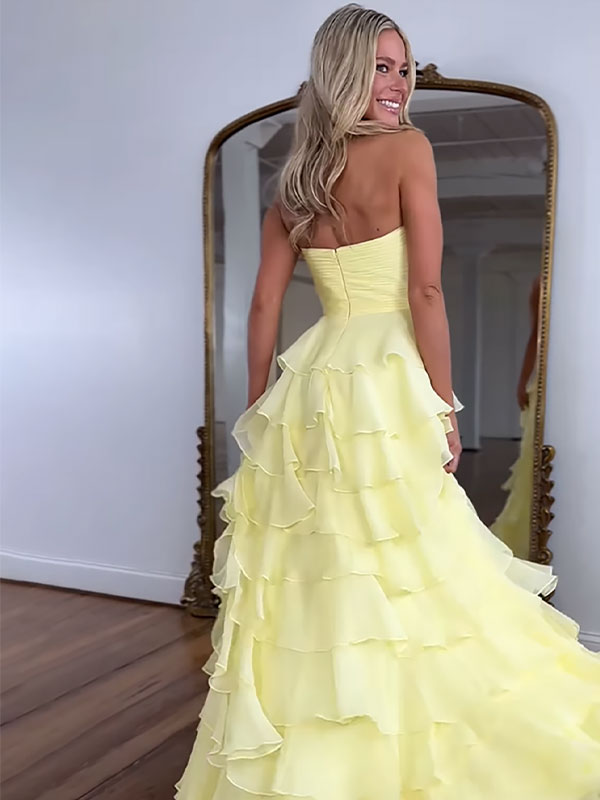 Fuchsia A-Line Sweetheart Chiffon Tiered Long Prom Dress with Slit