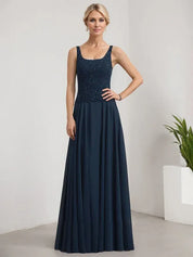 Robe de mère de la mariée trapèze carrée, longueur au sol, en mousseline de soie et dentelle, avec paillettes 