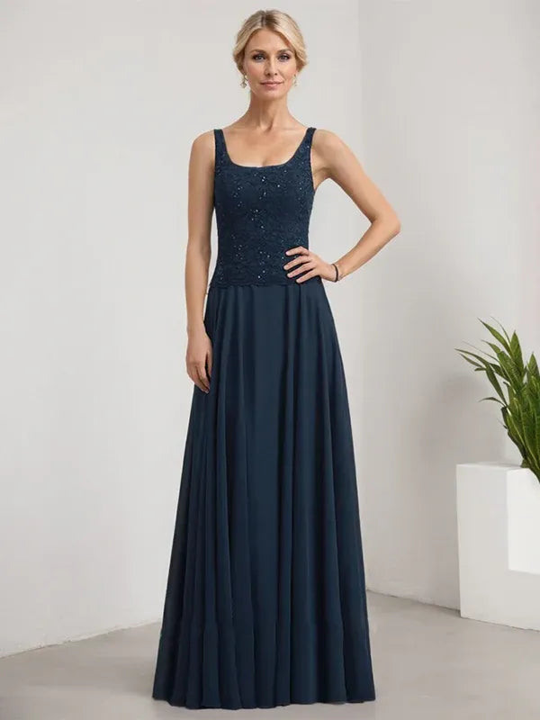 Robe de mère de la mariée trapèze carrée, longueur au sol, en mousseline de soie et dentelle, avec paillettes 