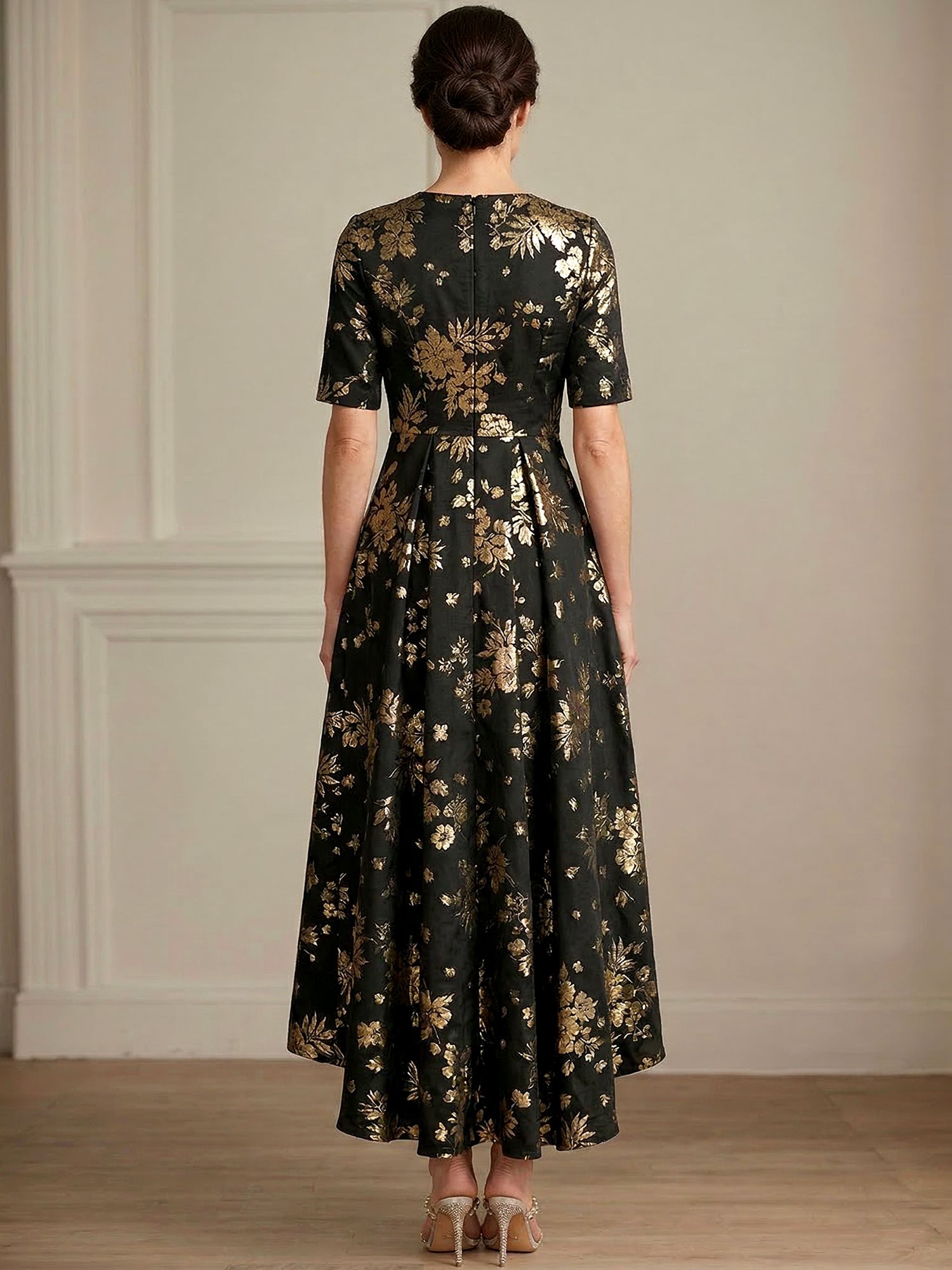 A-line Round Neck Short Sleeve Asymmetrical Jacquard Mother of the Bride Dress With Metallic Floral Print