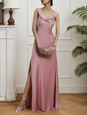 Pink Ruched Satin Sleeveless A-line Gown Dress