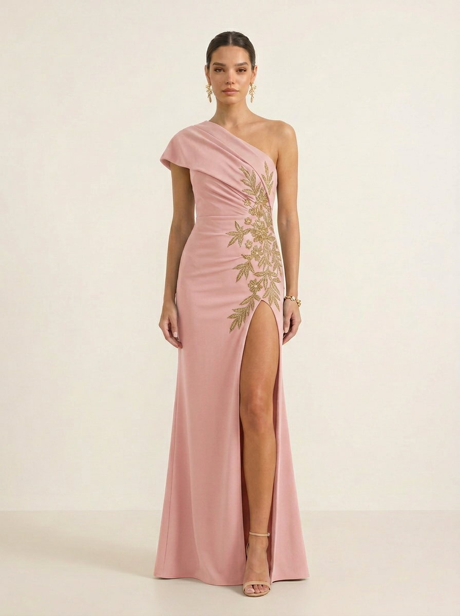 One-Shoulder Draped Crepe Floor-Length Evening Dresses with Gold Beaded Flowers and High Slit