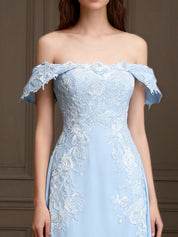 Elegant Off the Shoulder Chiffon Sheath Long Mother of the Bride with Lace Appliques