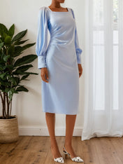 Blue Square Neck Long Sleeve A-Line Midi Dress