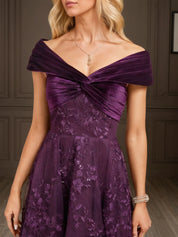 A-line Off the Shoulder Asymmetrical Velvet Lace Evening Dress With Pleated Sequins