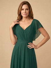 Flare Sleeves V Neck Ruffle Chiffon Mother of the Bride Dress with Pleat