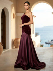 One Shoulder Mermaid Velvet Pleat Evening Dresses for Women