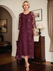 Cabernet A Line Scoop Tea-Length Lace Chiffon Mother of the Bride Dress