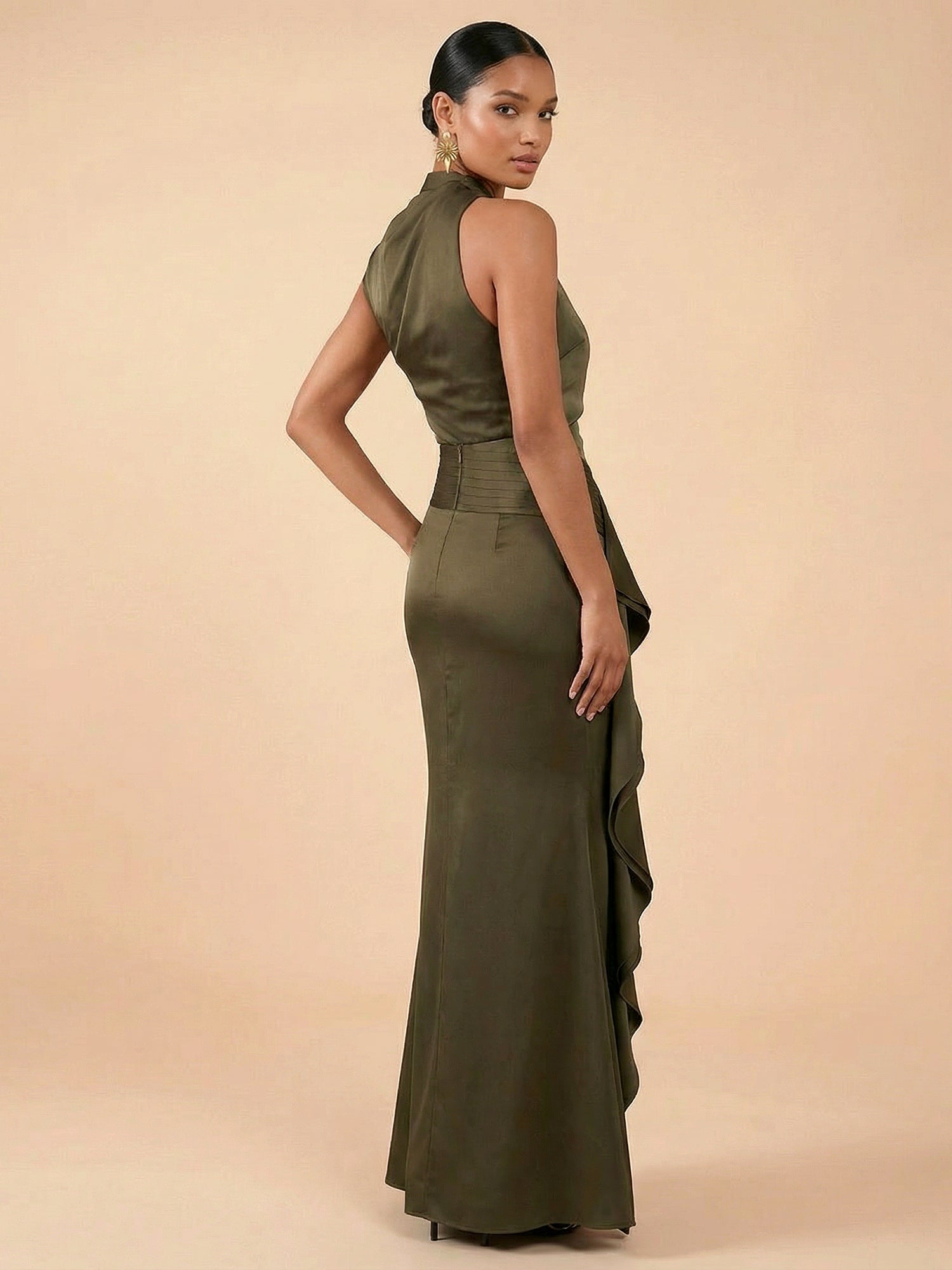 Olive Green One Shoulder Ruched Satin Evening Gown with Ruffle
