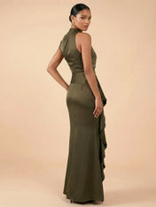 Olive Green One Shoulder Ruched Satin Evening Gown with Ruffle
