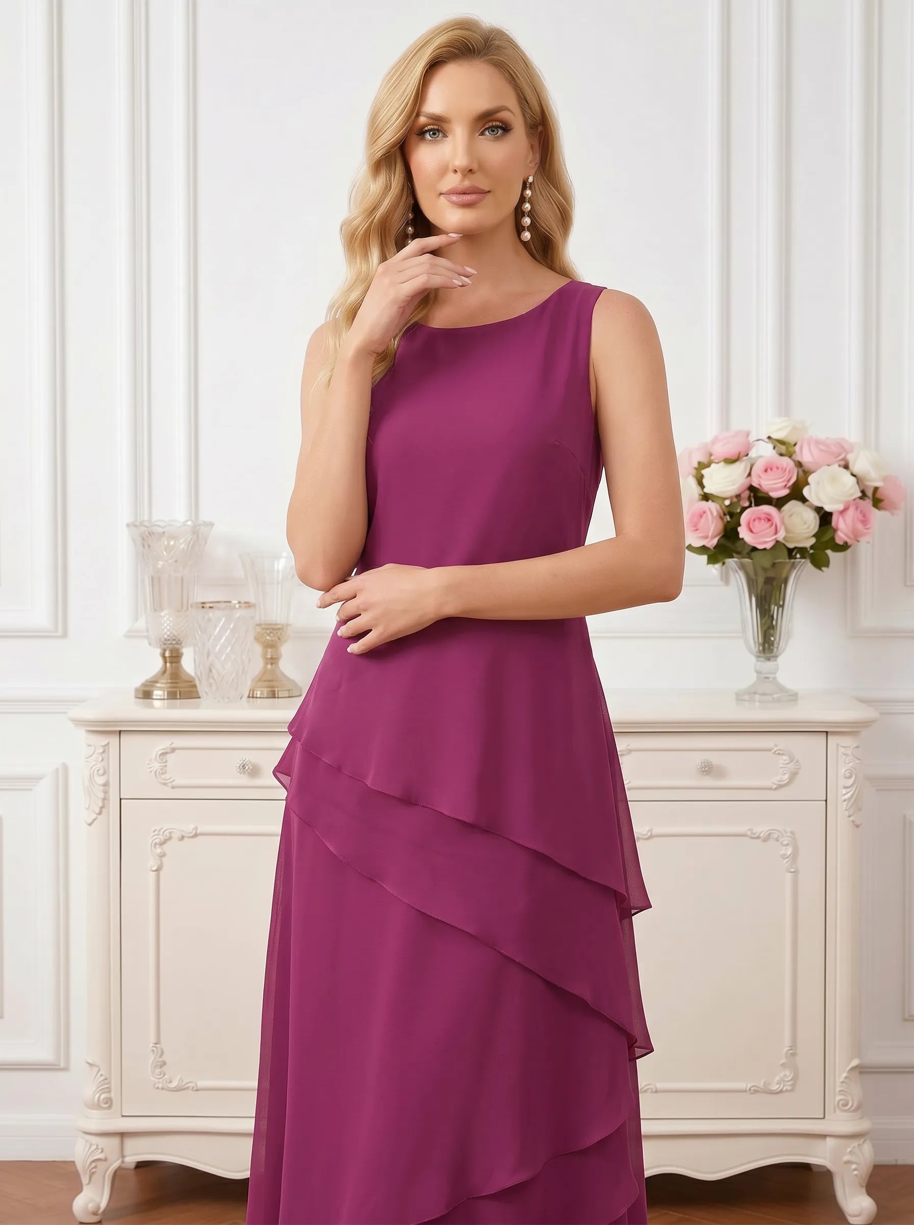 Round Neck Tiered Chiffon A-Line Mother of the Bride Dress with Matching Bolero Jacket
