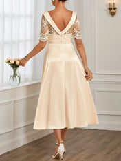 Beige Lace Satin Crew Neck Short Sleeve A-Line Midi Dress