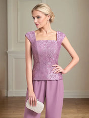 Chiffon Square Neck Sleeveless Floor Length Mother of the Bride Pantsuits