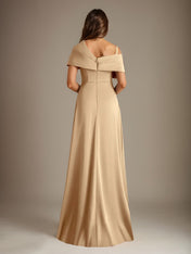 A-Line Asymmetrical Neckline Floor-Length Satin Mother of the Bride Dress With Pleated