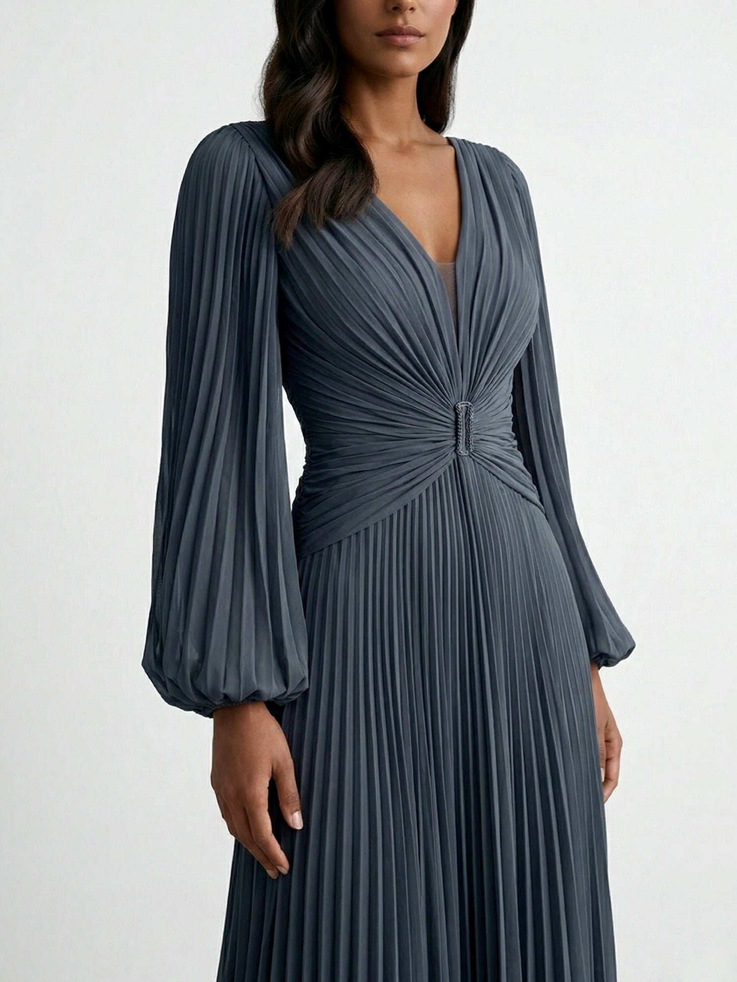 Slate Blue Plunging V-Neck Pleated Long Sleeve Maxi Dress Gown