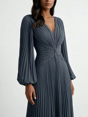 Slate Blue Plunging V-Neck Pleated Long Sleeve Maxi Dress Gown